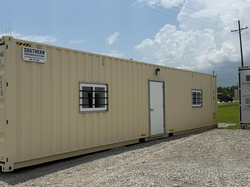 40 foot container office build with security bars delivered in Houma, LA on offshore supply shell yard